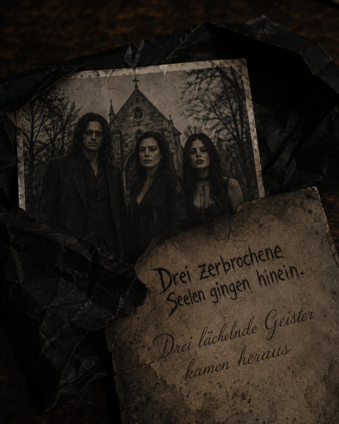 Das Foto aus dem Päckchen — drei Gestalten vor einer grauen Steinkirche